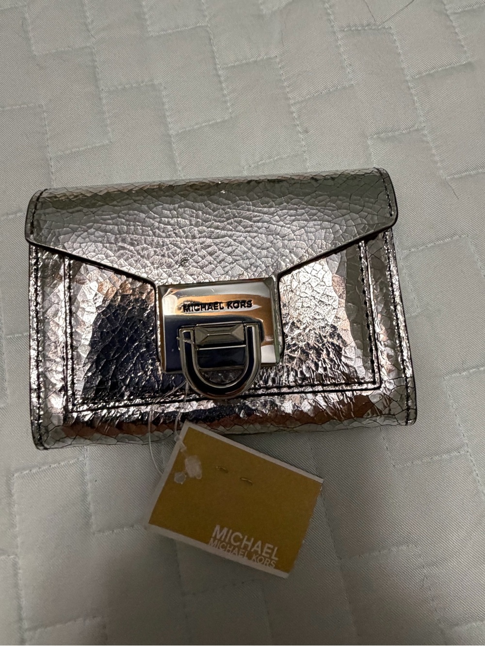 Michael Kors Metallic Silver Mini Wallet with Signature Clasp